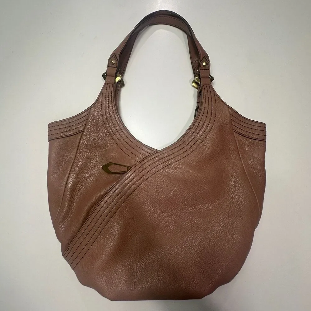 Taupe Pebbled Slouchy Leather Hobo Bag Gold Diagonal Zip Hardware Tassel Large